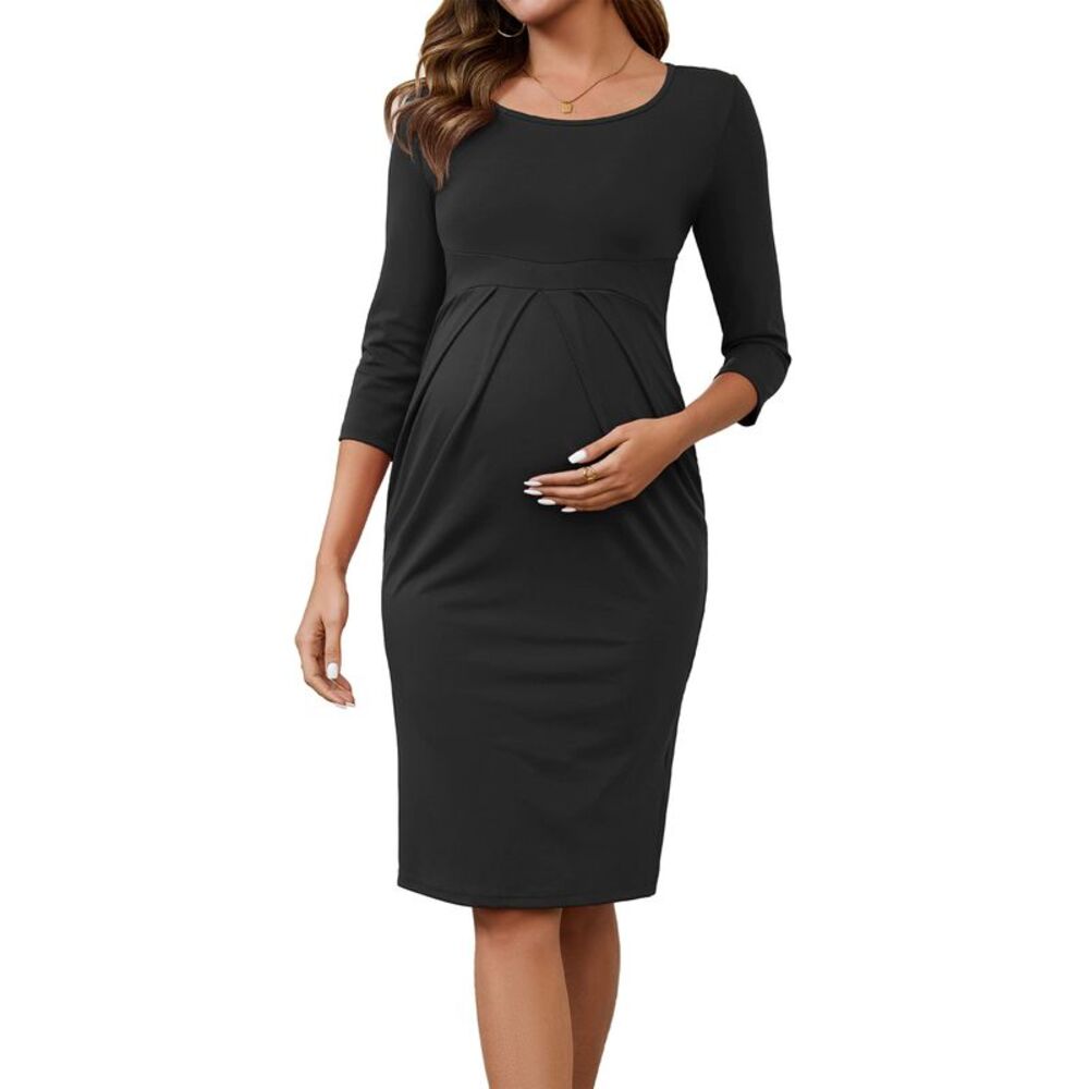 Maternity Cocktail Semi Formal 3/4 Sleeves Front Pleated Dress Black